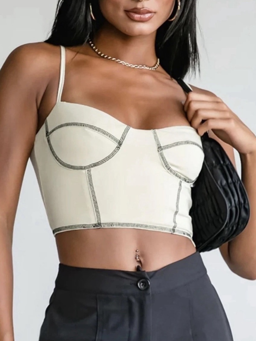 Princess Polly Cream Leilani Crop Top with Contrast Stitching